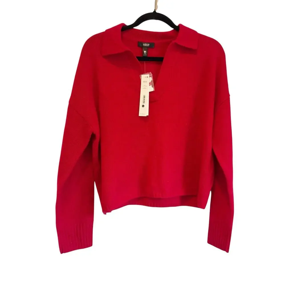 Aqua Cashmere Long Sleeve Polo Pullover Sweater Big Apple Red Size XL / XXL NWT